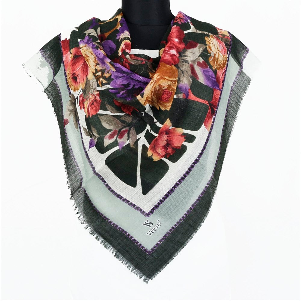 Vertu Çiçek Desenli Simli Flamlı Eşarp - 02 Koyu Yeşil