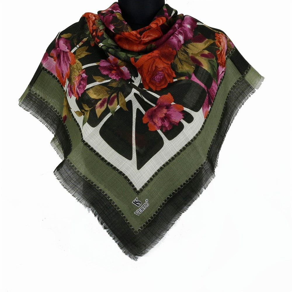 Vertu Çiçek Desenli Simli Flamlı Eşarp - 05 Yeşil