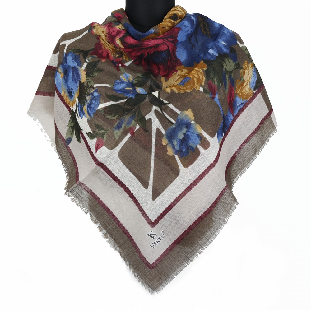Vertu Çiçek Desenli Simli Flamlı Eşarp - 06 Kahverengi