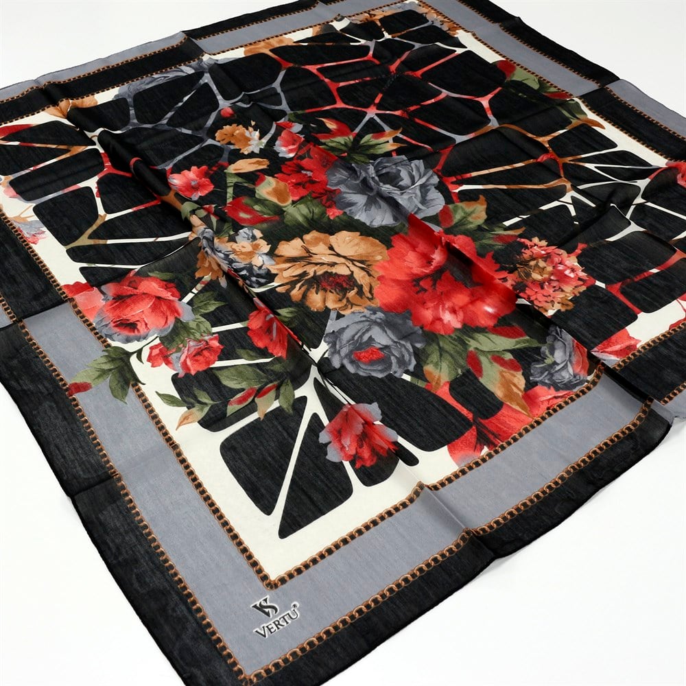 Vertu Çiçek Desenli Yazma 02 Siyah - Açık Gri