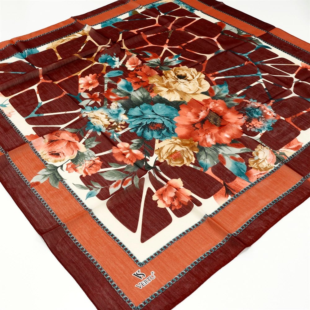 Vertu Çiçek Desenli Yazma 06 Kiremit