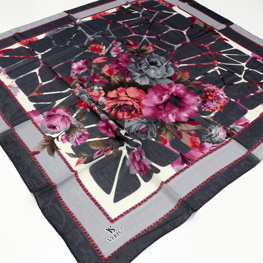 Vertu Çiçek Desenli Yazma 08 Gri