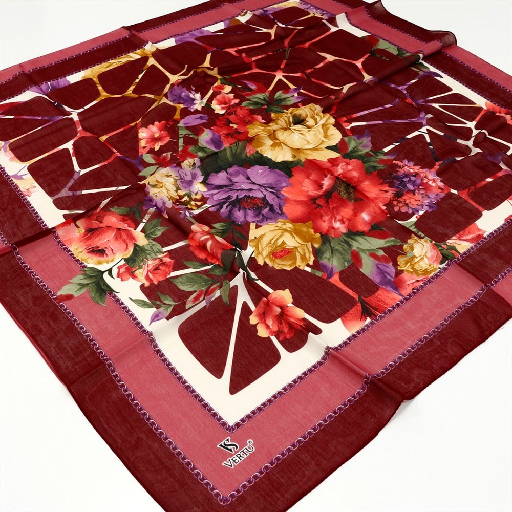 Vertu Çiçek Desenli Yazma 12 Pembe - Bordo