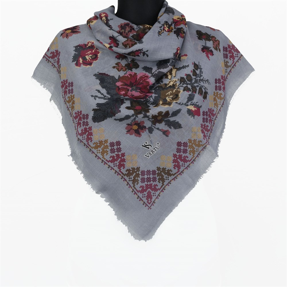 Vertu Kanaviçe Desen Flamlı Eşarp - 07 Gri