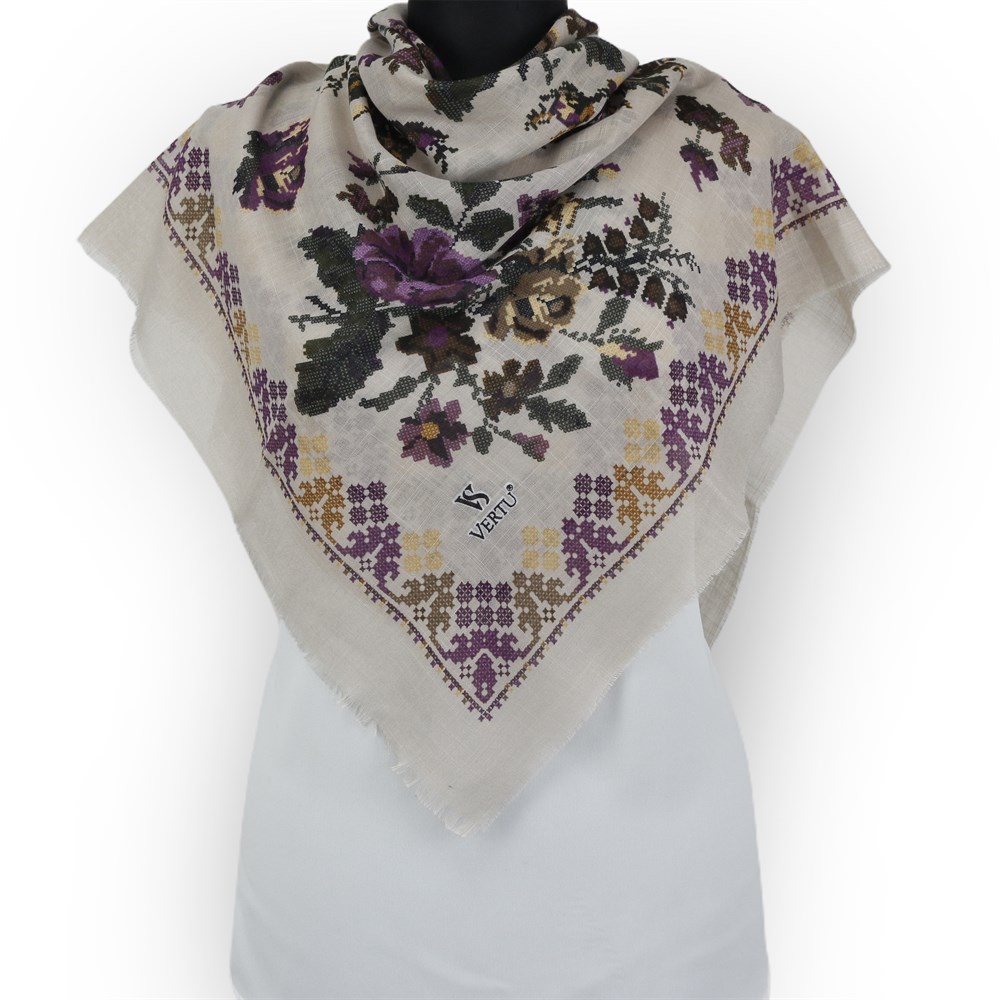 Vertu Kanaviçe Desen Flamlı Eşarp - 08 Koyu Pudra