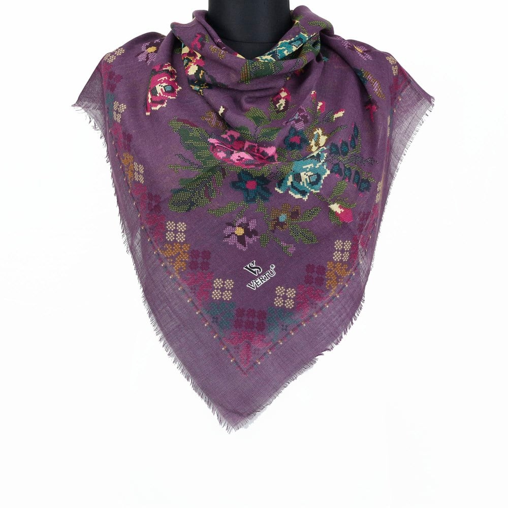 Vertu Kanaviçe Desen Flamlı Eşarp - 11 Mor