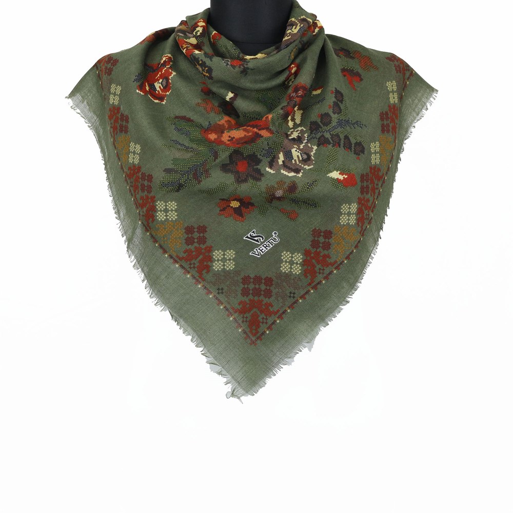 Vertu Kanaviçe Desen Flamlı Eşarp - 12 Yeşil