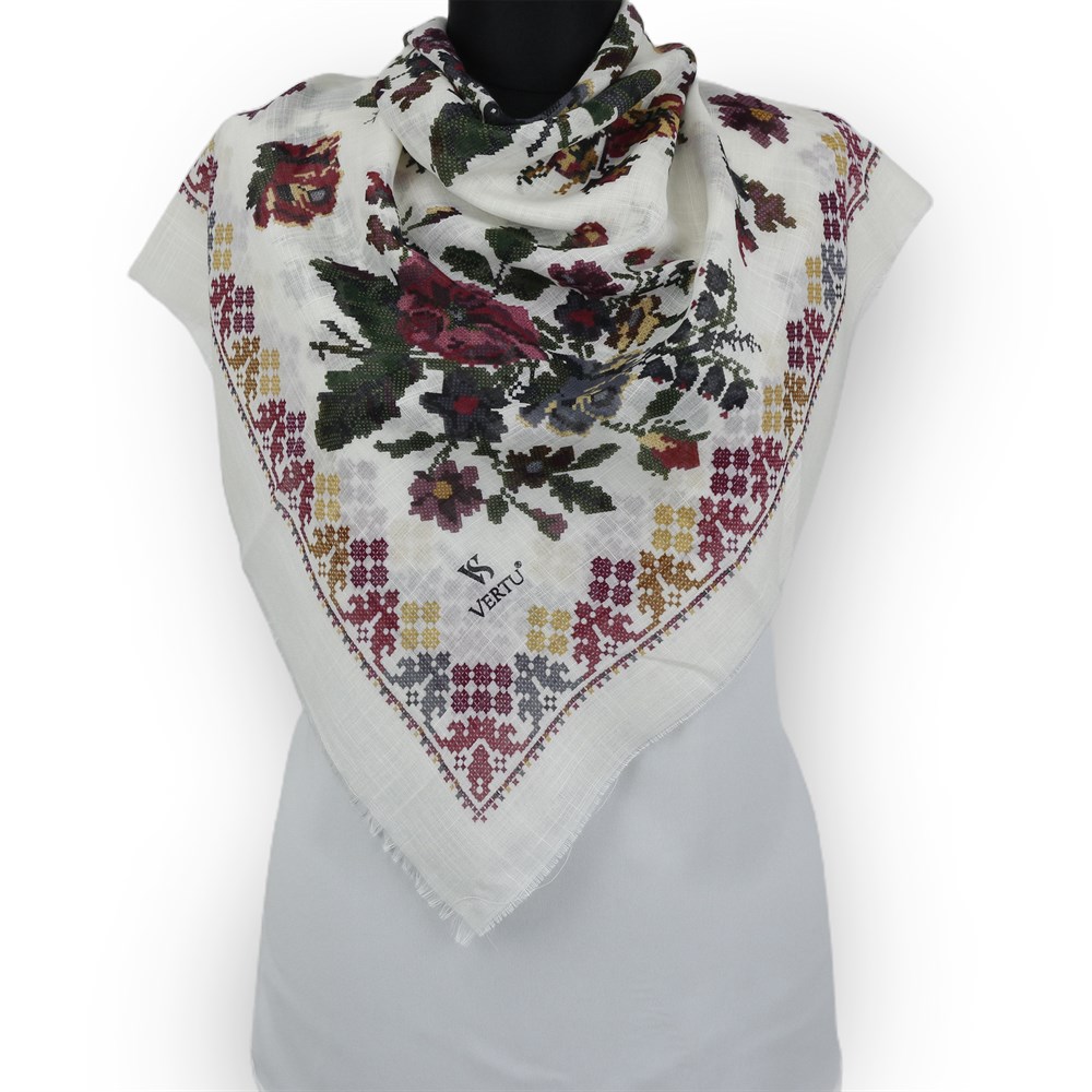 Vertu Kanaviçe Desen Flamlı Eşarp - 13 Kırık Beyaz, Pembe
