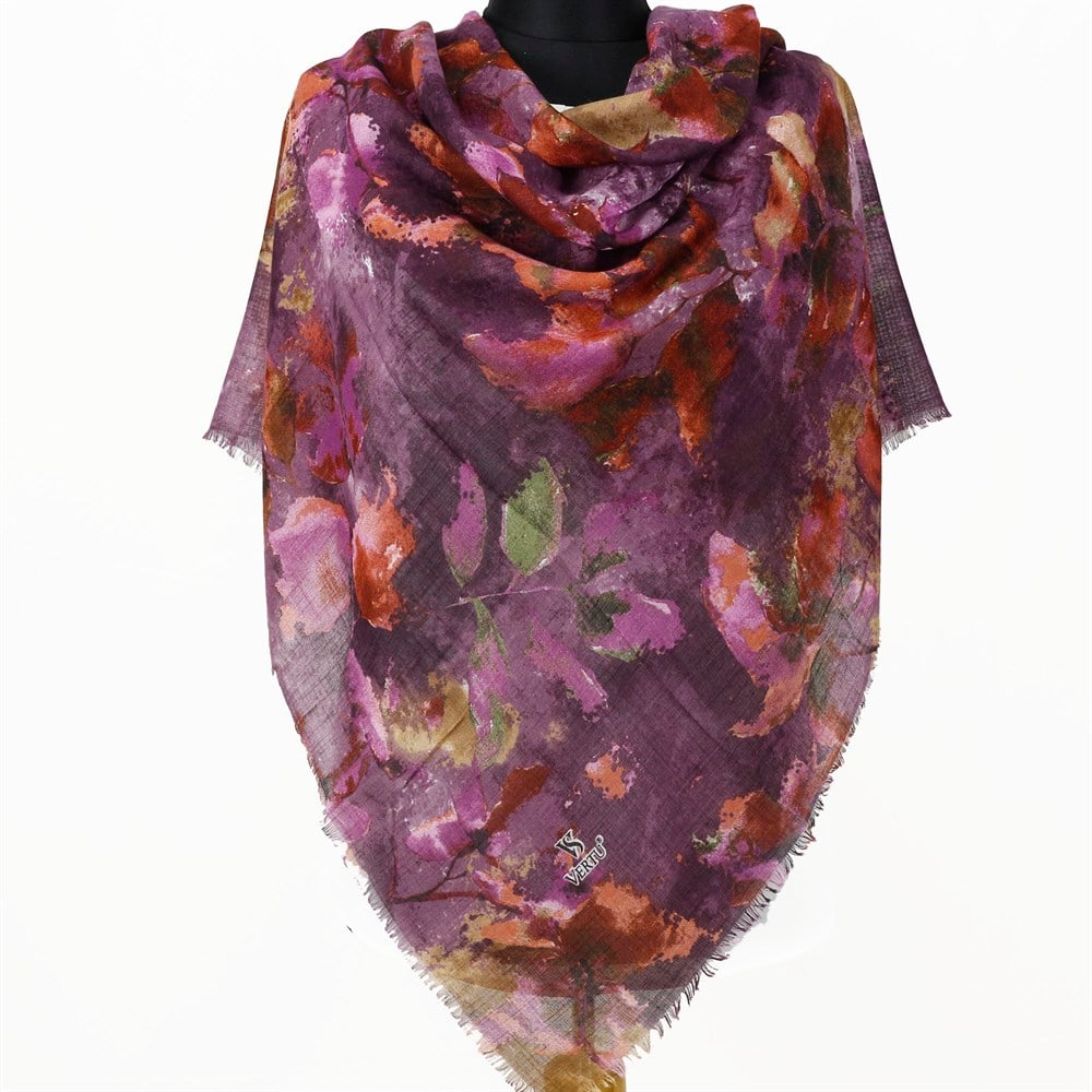 Vertu Yaprak Desen Flamlı Eşarp - 05 Mürdüm