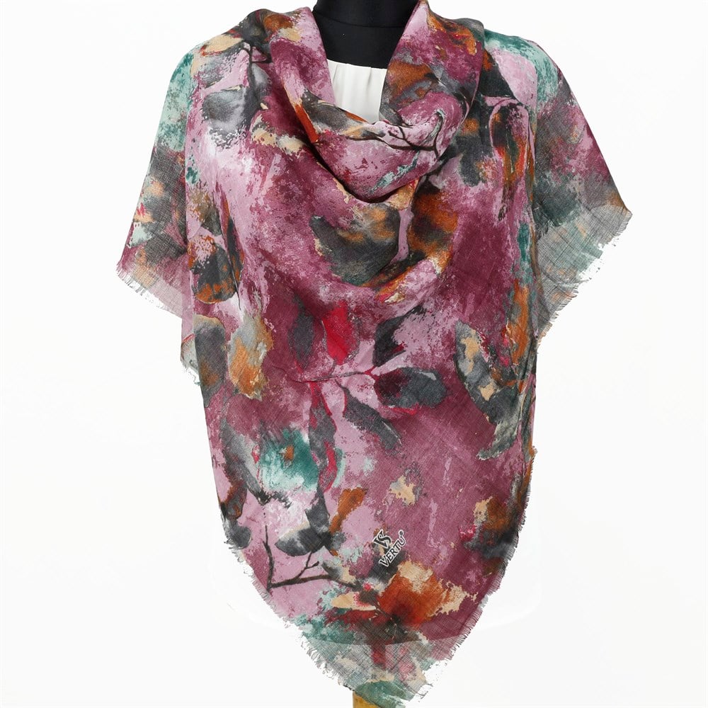 Vertu Yaprak Desen Flamlı Eşarp - 09 Pembe, Yeşil