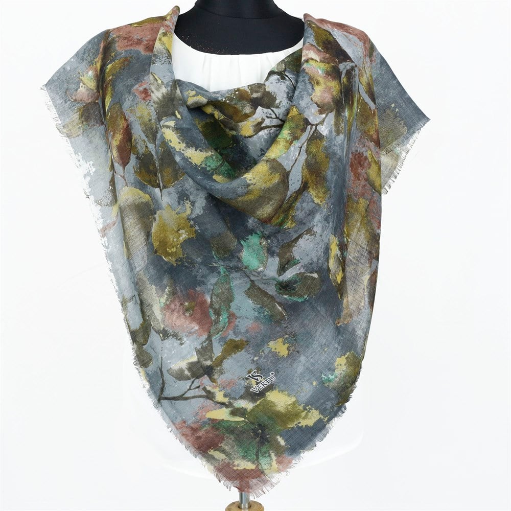 Vertu Yaprak Desen Flamlı Eşarp - 14 Gri, Sarı