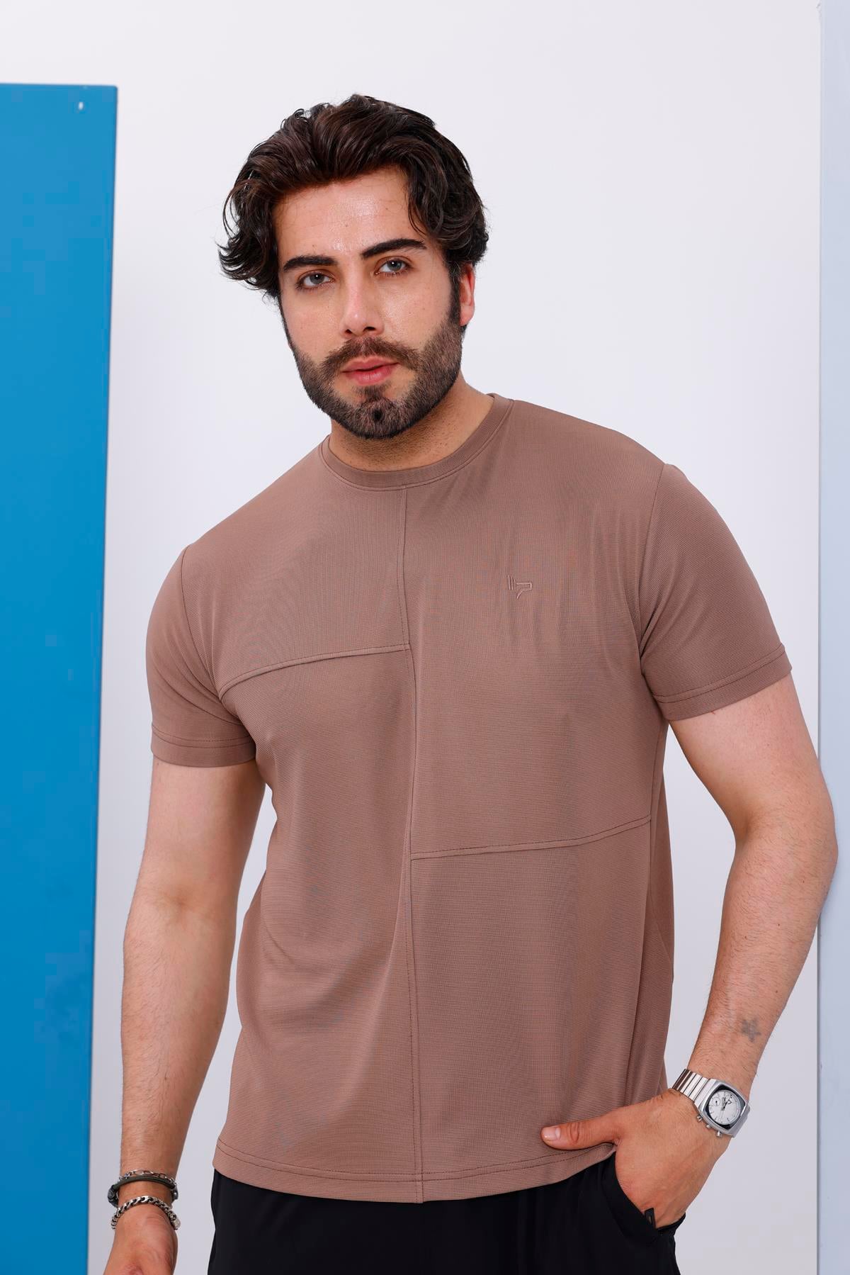 Erkek Kahverengi Bisiklet Yaka Normal ve Battal Beden T-Shirt - 172