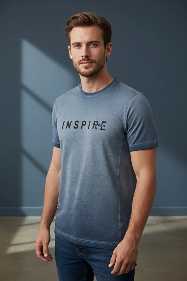 Erkek Mavi Inspire Baskılı Süprem Kumaş Tişört Slim Fit Pamuklu Yazlık Erkek T-Shirt Açık Lacivert-181