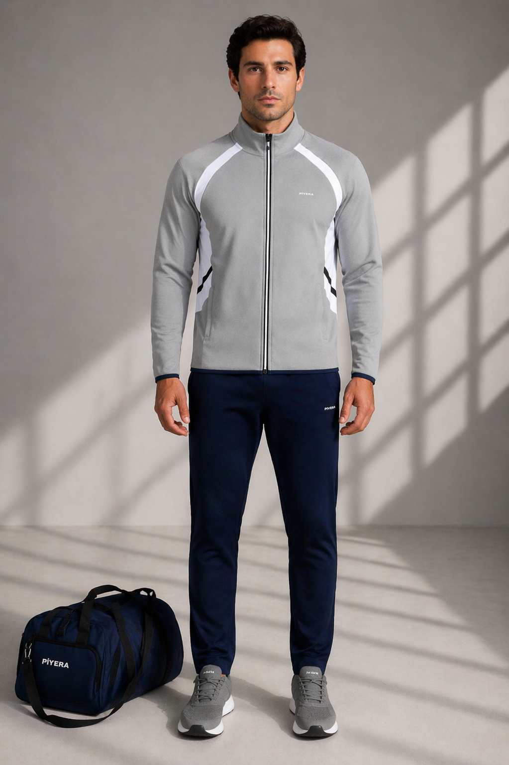 Erkek Double Face Kumaş Fermuarlı Dik Yaka Gri Beyaz Eşofman Takımı - 7942