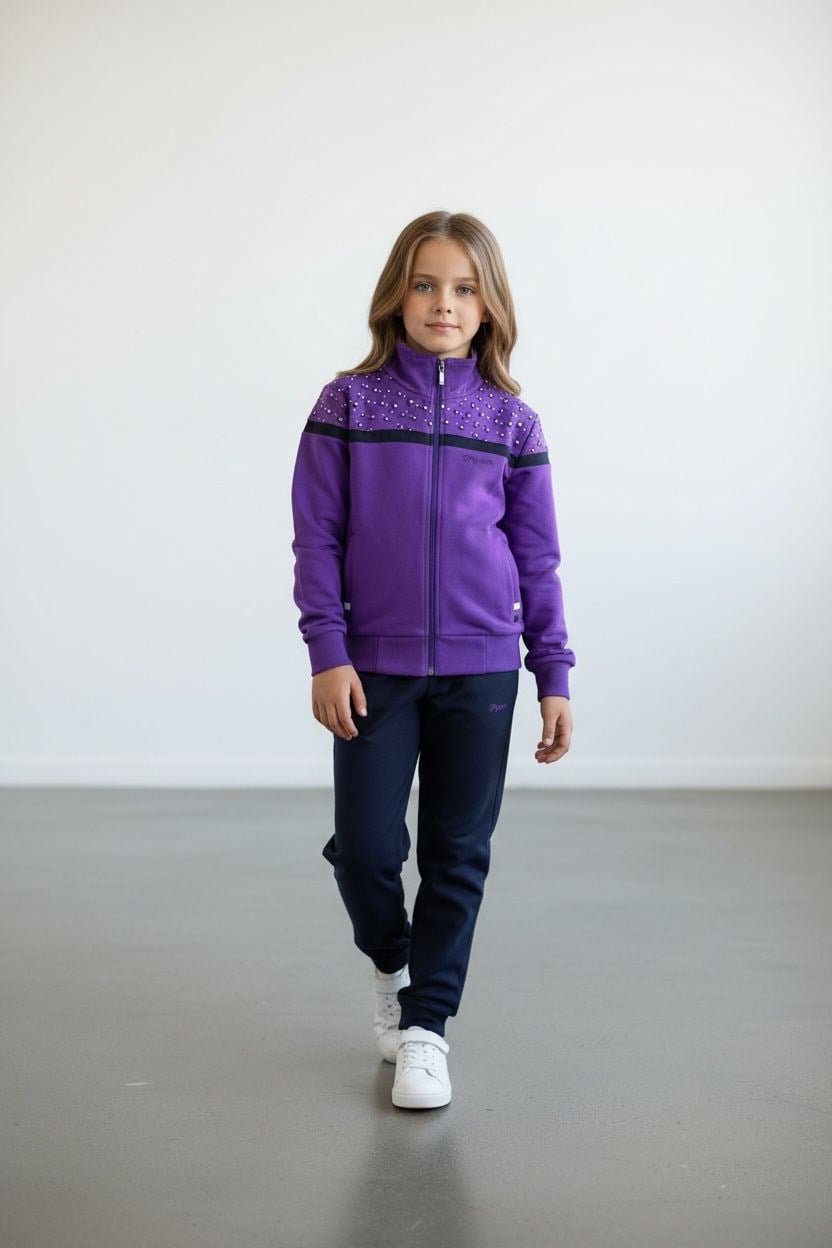 Kız Çocuk Lastikli Paça Fermuarlı Lila Eşofman Takımı - 40006