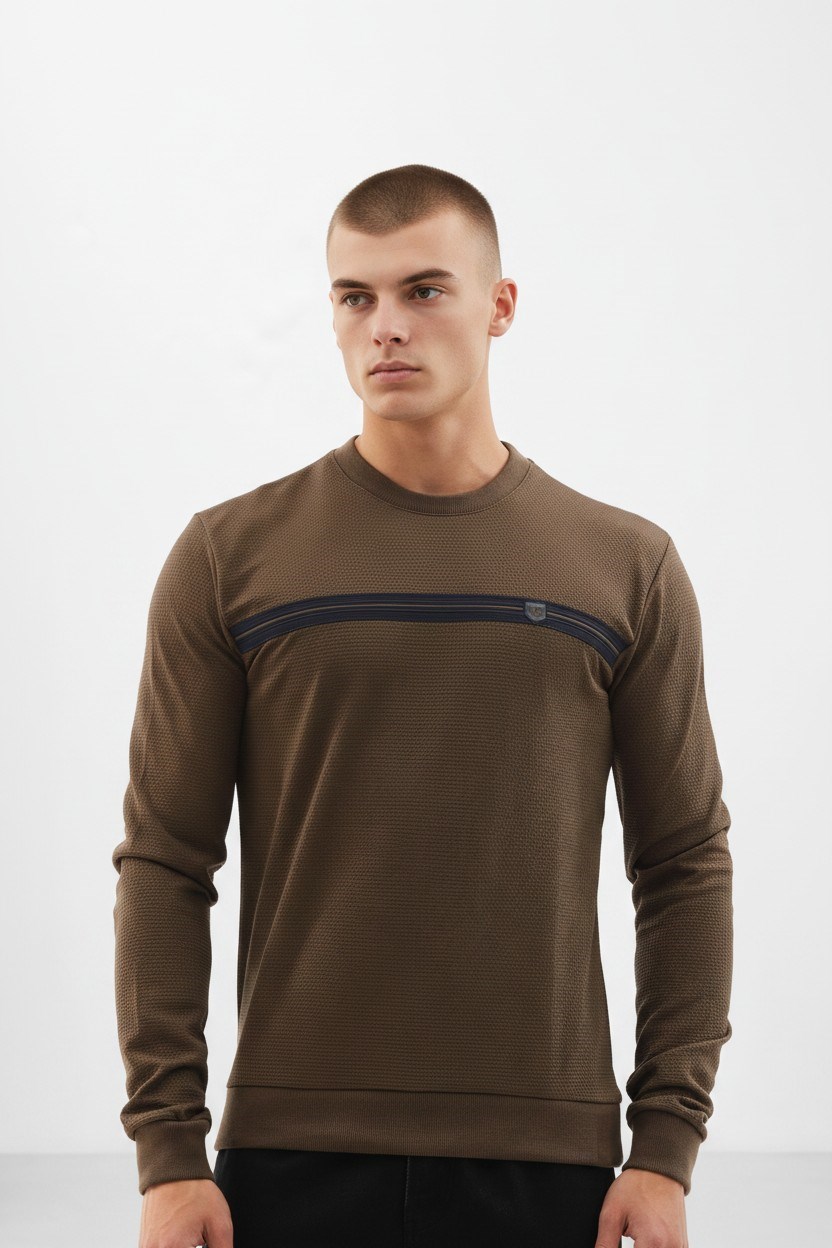 Erkek Haki Mare Jaker Kumaş Bisiklet Yaka Sweatshirt - 76577