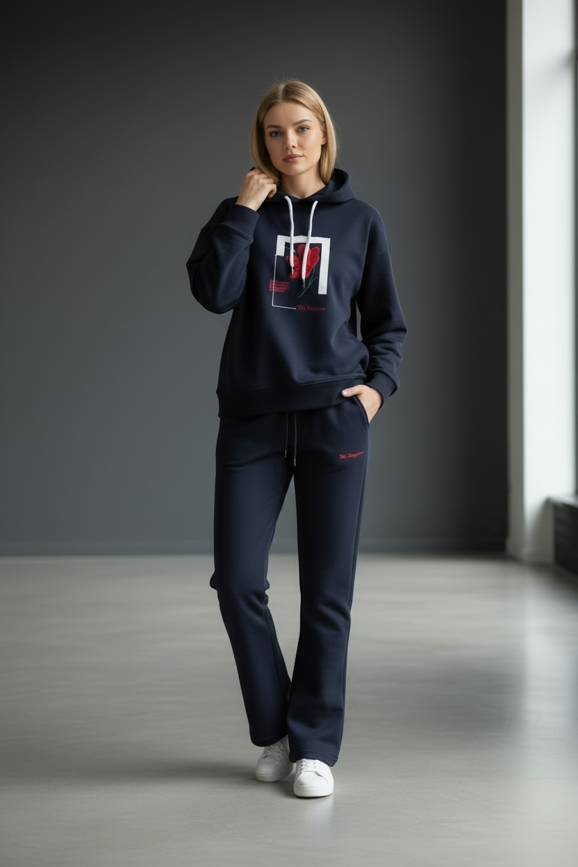 Kadın İki İplik Kapüşonlu Cepli Çiçek Baskılı Geniş Paça Lacivert Eşofman Takımı - 7794