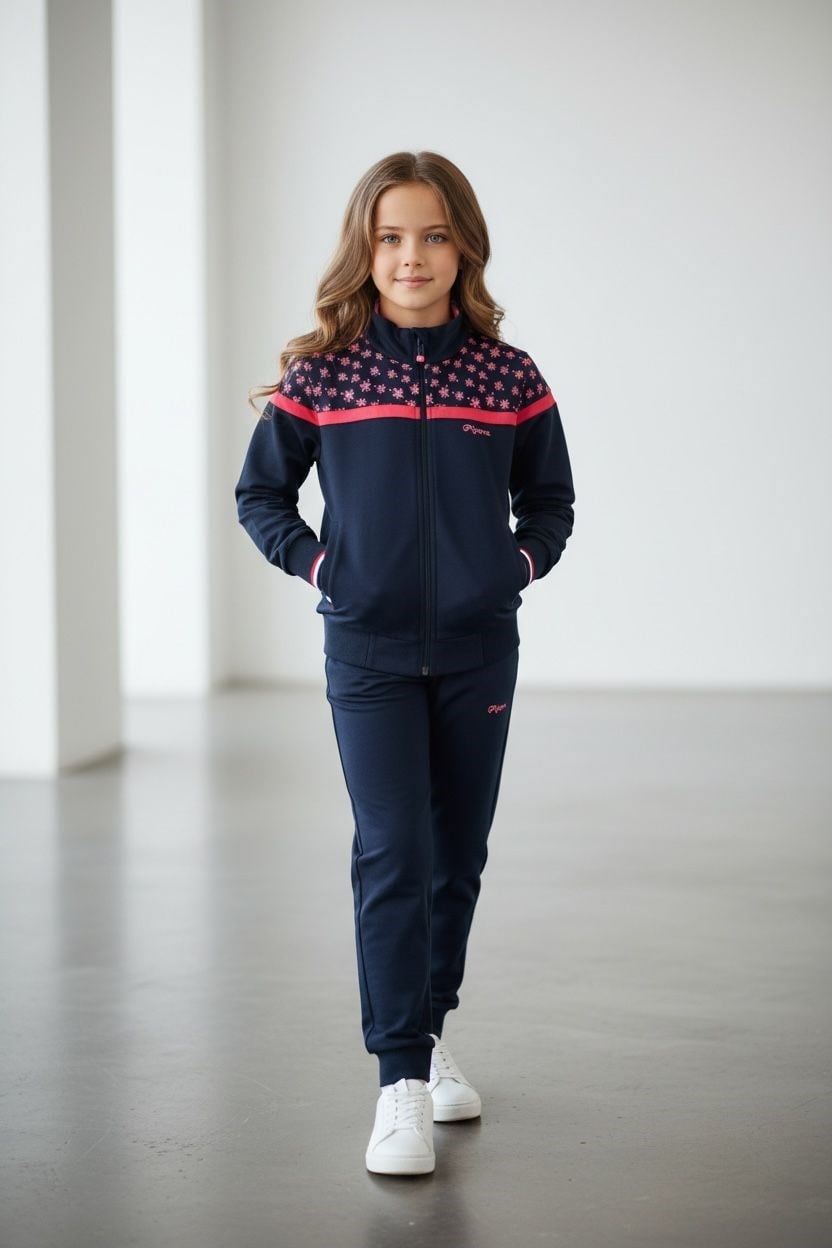 Kız Çocuk Lastikli Paça Fermuarlı Lacivert Eşofman Takımı - 40006