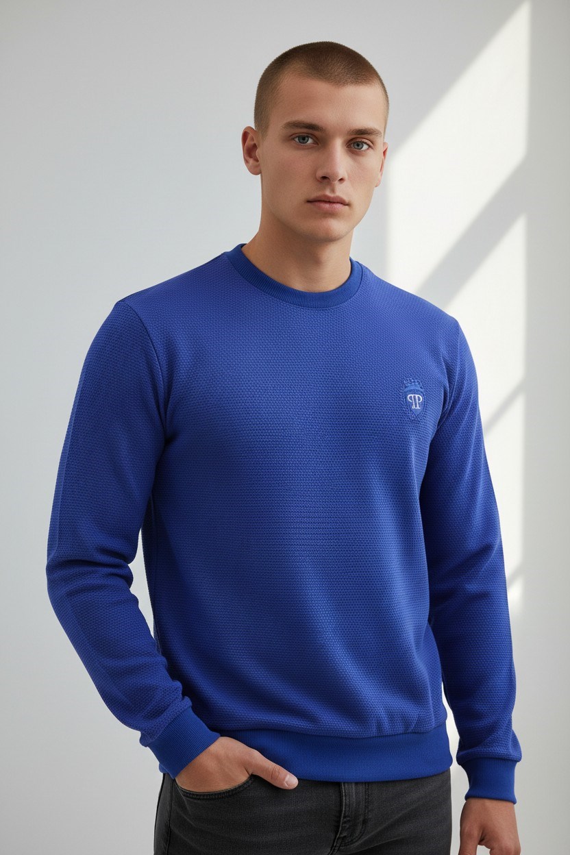 Erkek Saks Mare Jaker Kumaş Bisiklet Yaka Sweatshirt - 76566