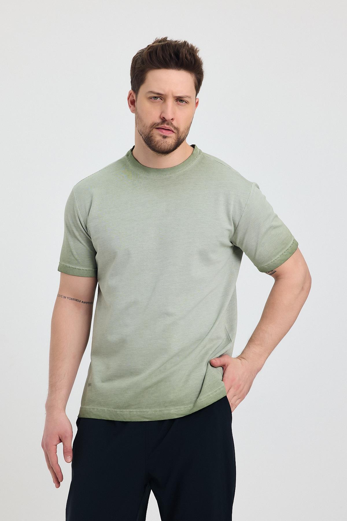 Erkek Yeşil Bisiklet Yaka Yıkamalı Basic T-shirt - 165