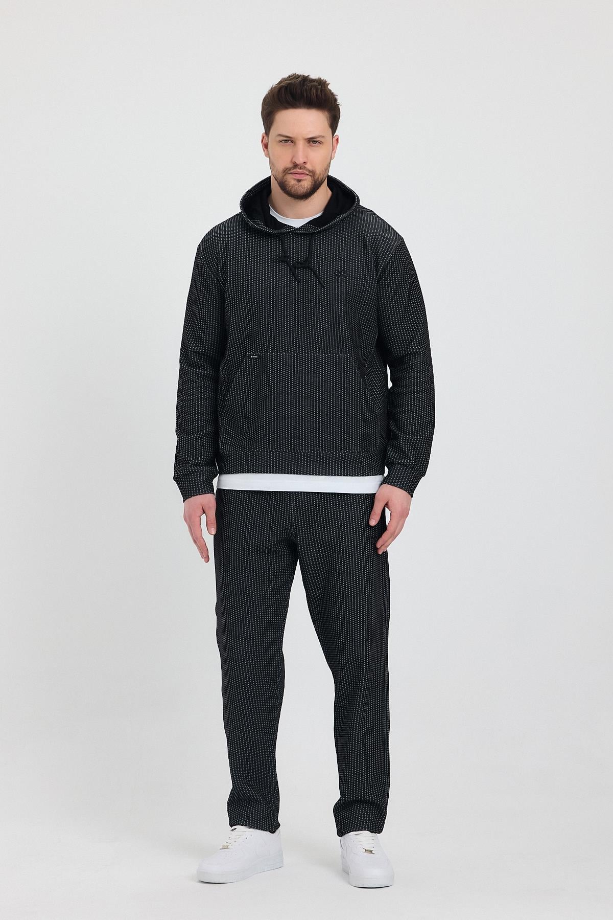 Erkek Siyah Puantiyeli Kanguru Cepli Kapüşonlu Eşofman Takımı  - 7809