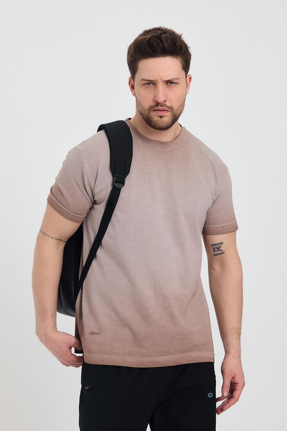 Erkek Kahverengi Bisiklet Yaka Yıkamalı Basic T-shirt - 165