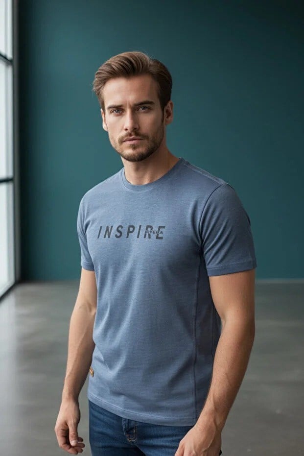Erkek Mavi Inspire Baskılı Süprem Kumaş Tişört Slim Fit Pamuklu Yazlık Erkek T-Shirt Lacivert-181