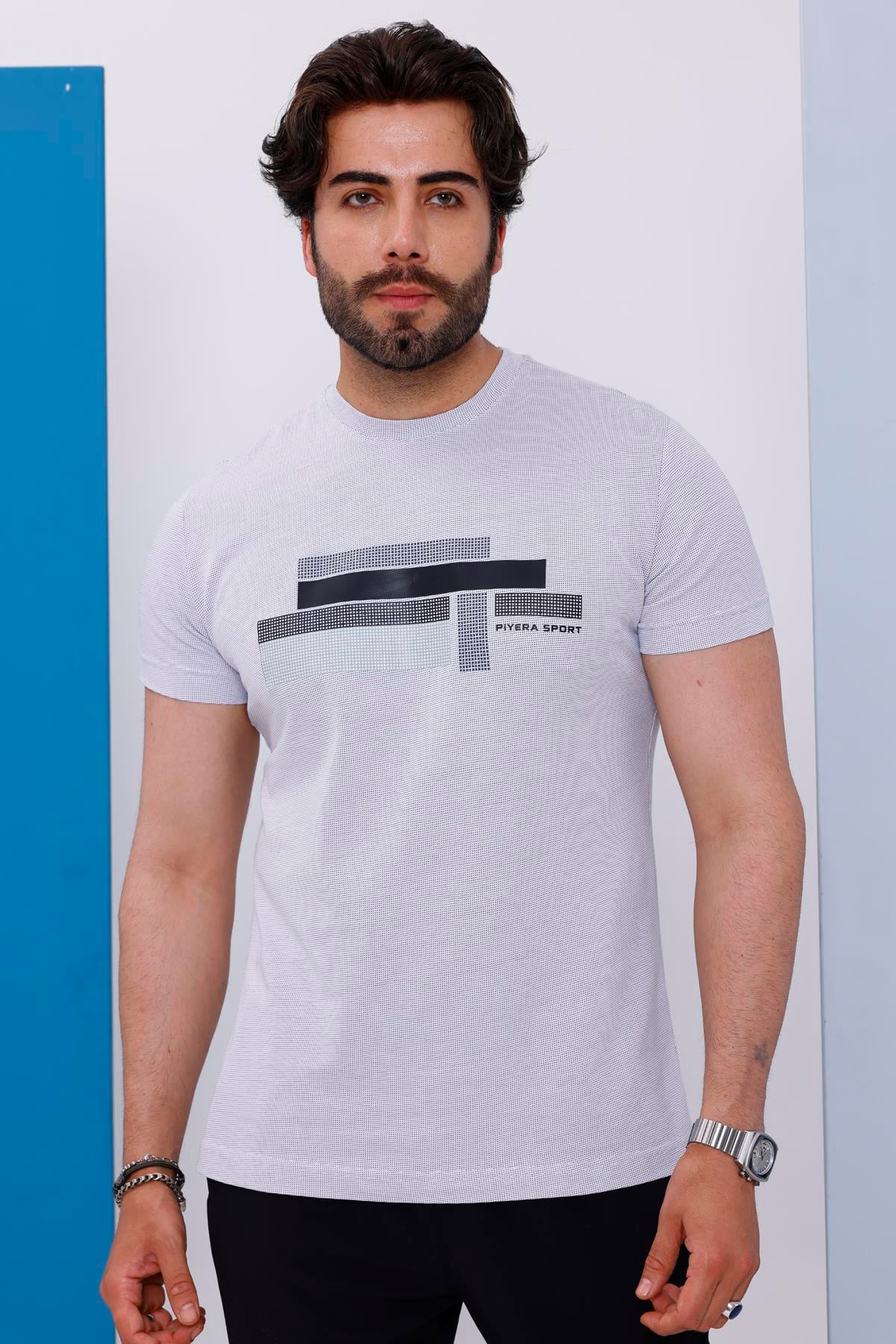 Erkek Beyaz Bisiklet Yaka Baskılı T-shirt - 170