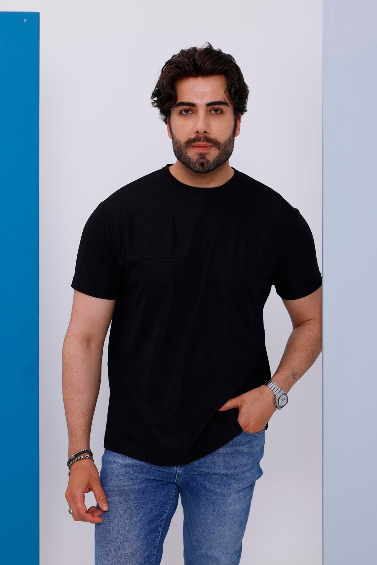 Erkek Siyah Bisiklet Yaka Normal ve Battal Beden T-Shirt - 172