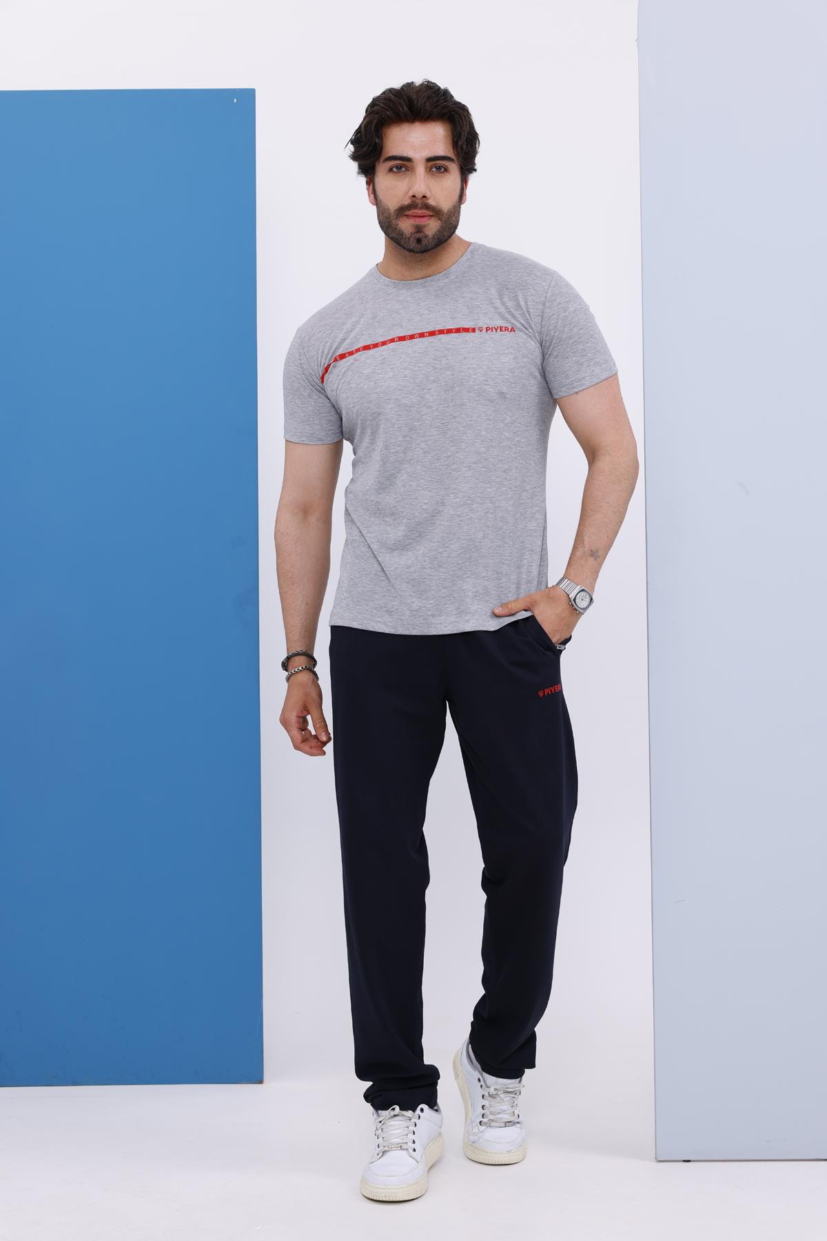 Erkek Battal Beden Amerikan Pike Kumaş Gri Bisiklet Yaka T-shirt Alt-üst Takımı - 133