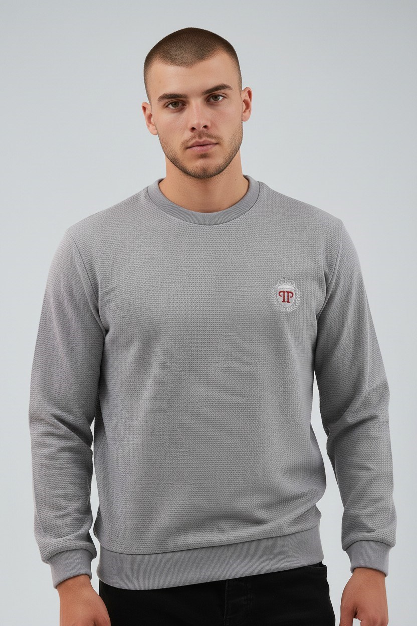 Erkek Gri Mare Jaker Kumaş Bisiklet Yaka Sweatshirt - 76566