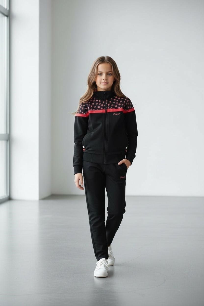 Kız Çocuk Lastikli Paça Fermuarlı Siyah Eşofman Takımı - 40006