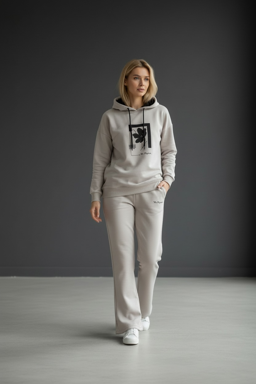 Kadın İki İplik Kapüşonlu Cepli Çiçek Baskılı Geniş Paça Taş Eşofman Takımı - 7794