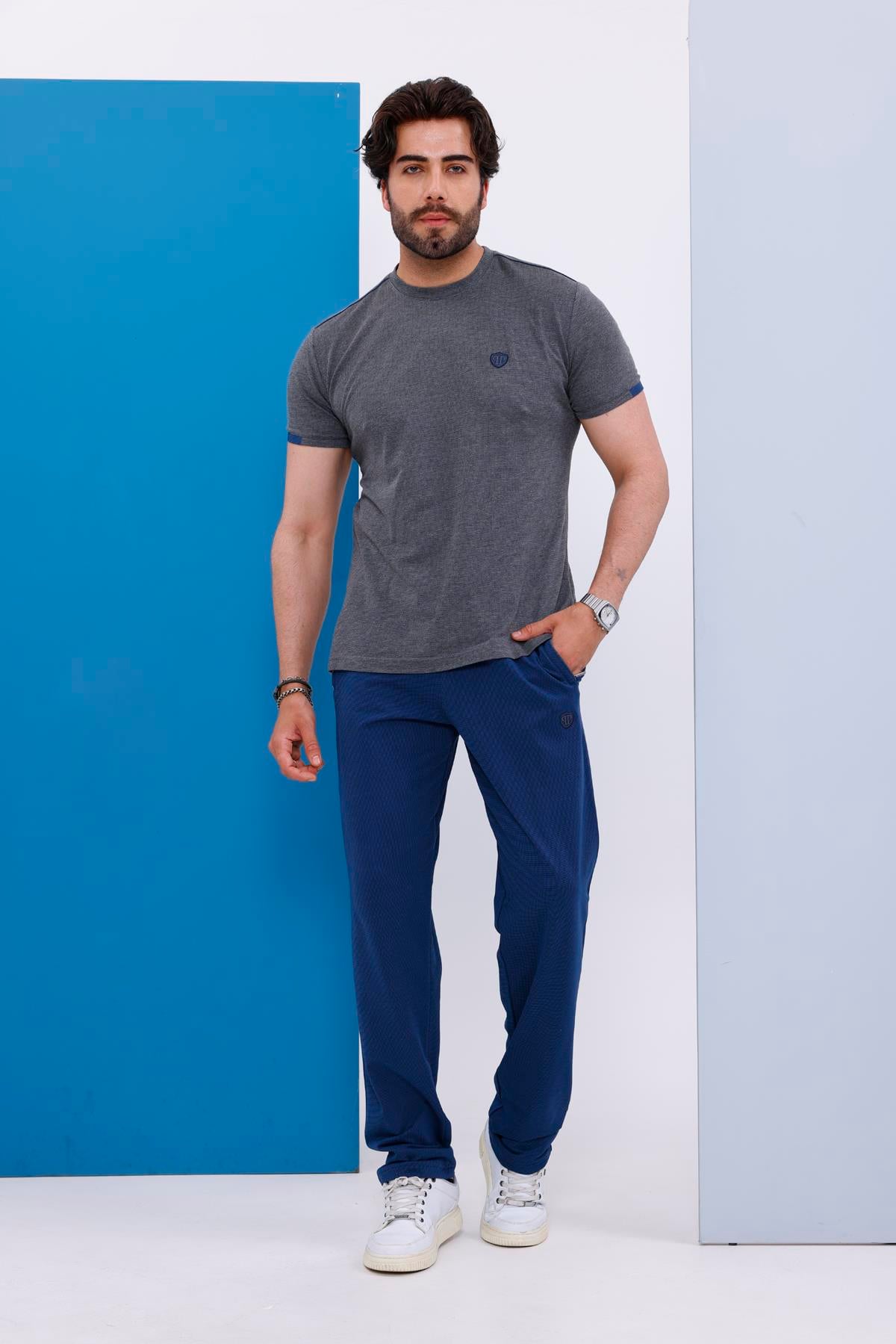 Erkek Battal Beden Antrasit Bisiklet Yaka T-shirt Alt-üst Takımı - 130