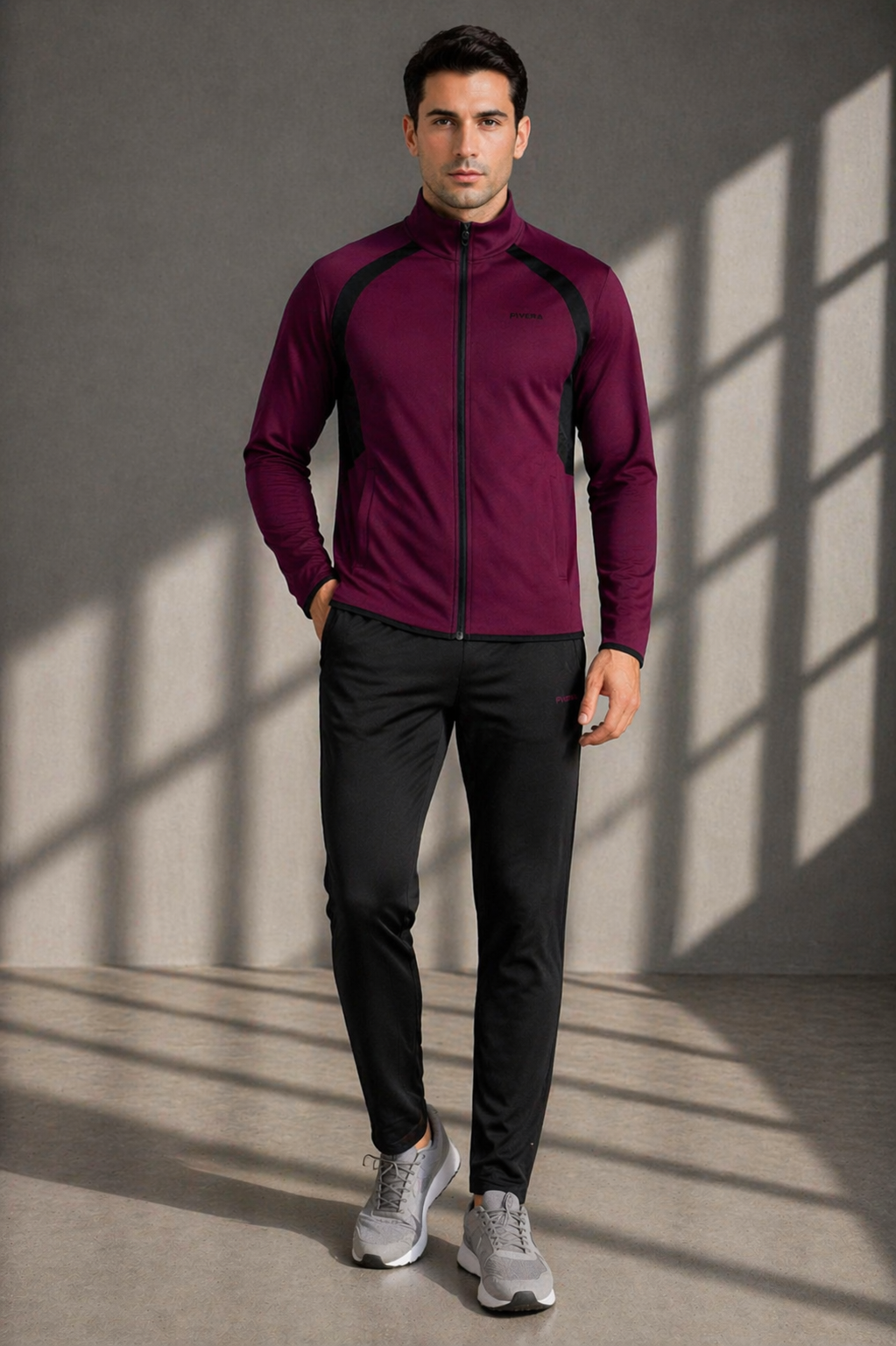 Erkek Double Face Kumaş Fermuarlı Dik Yaka Vişne Siyah Eşofman Takımı - 7942