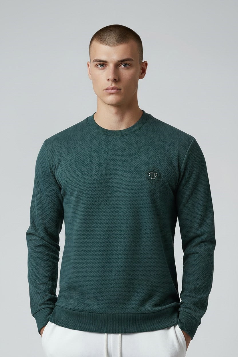 Erkek Petrol Mare Jaker Kumaş Bisiklet Yaka Sweatshirt - 76566