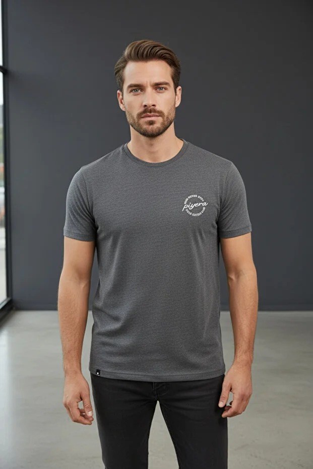 Erkek Basic Tişört Slim Fit Bisiklet Yaka Pamuklu Rahat Günlük T-Shirt Antrasit -179