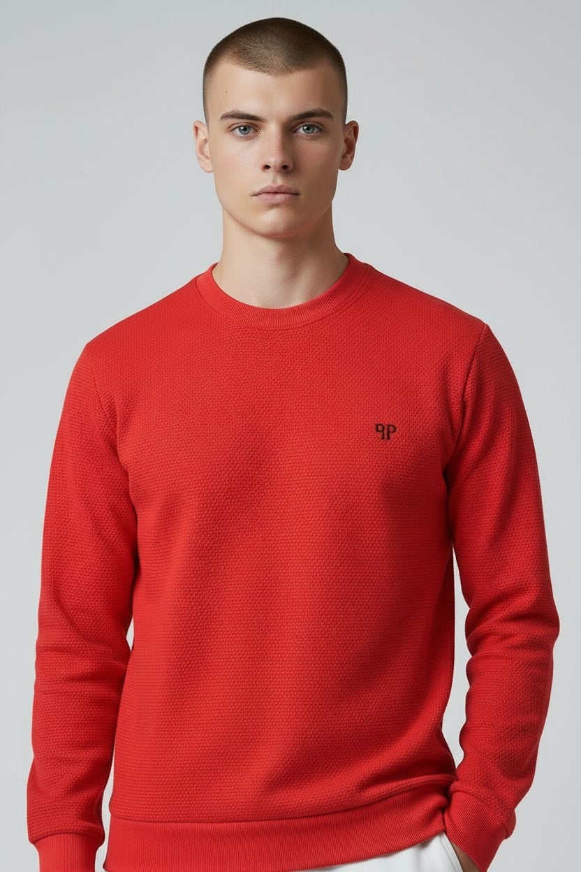Erkek Kırmızı Mare Jaker Kumaş Bisiklet Yaka Sweatshirt - 76566