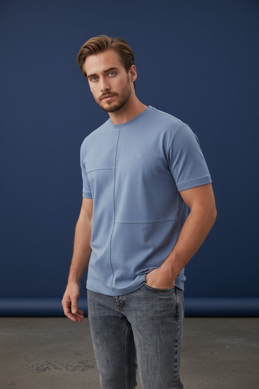 Erkek Mavi Oversize Bisiklet Yaka Normal ve Battal Beden T-Shirt - 172