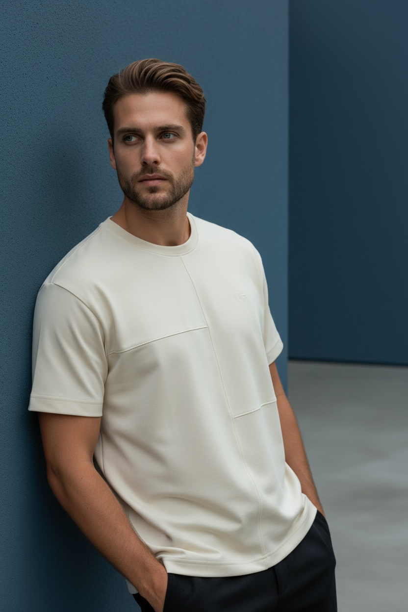 Erkek Bej Oversize Bisiklet Yaka Normal ve Battal Beden T-Shirt - 172