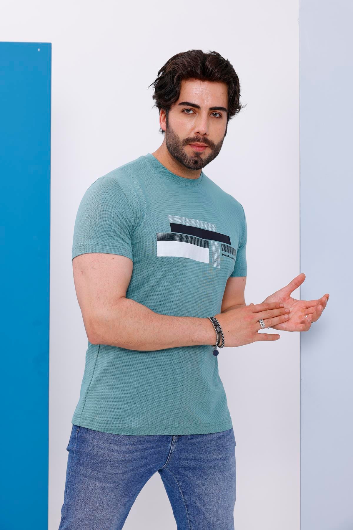 Erkek Yeşil Bisiklet Yaka Baskılı T-shirt - 170