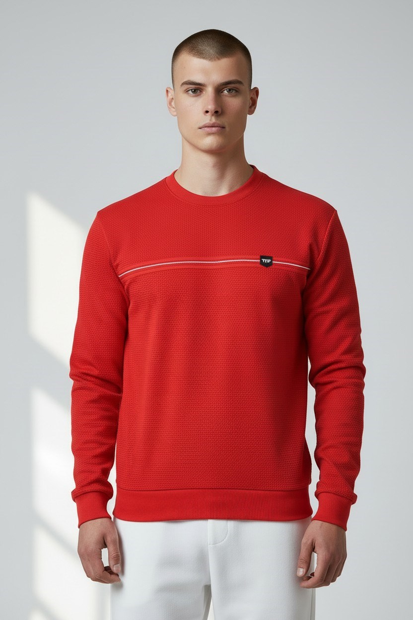 Erkek Kırmızı Mare Jaker Kumaş Bisiklet Yaka Sweatshirt - 76577