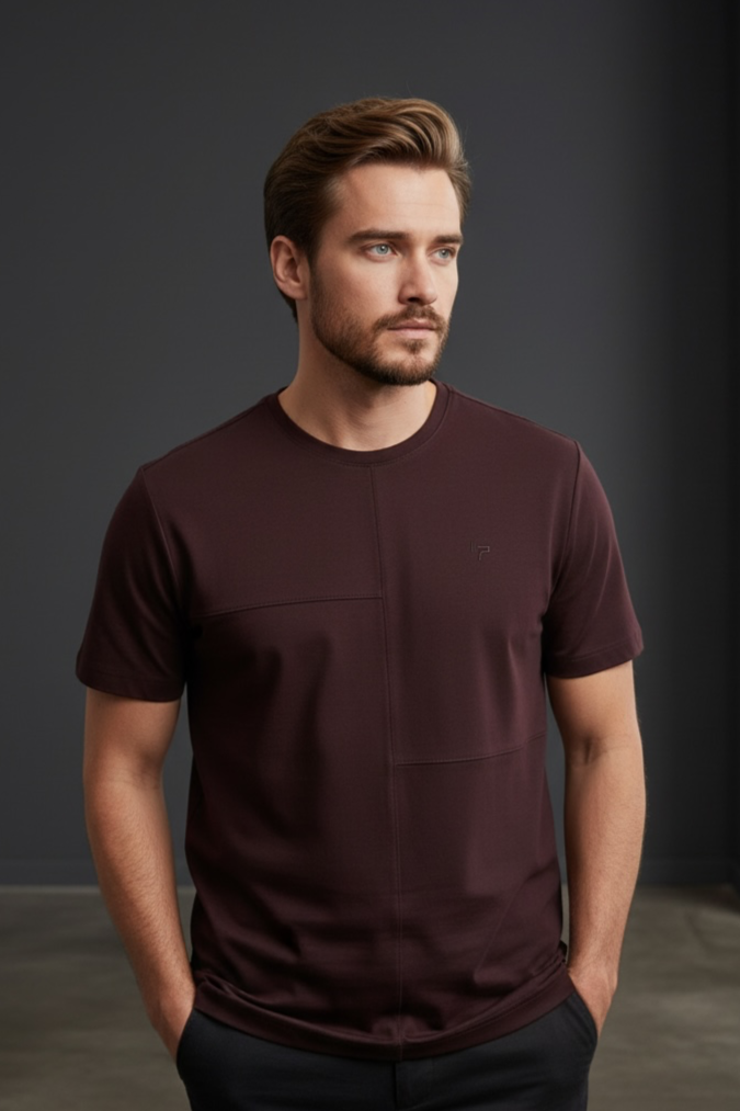 Erkek Bordo Oversize Bisiklet Yaka Normal ve Battal Beden T-Shirt - 172