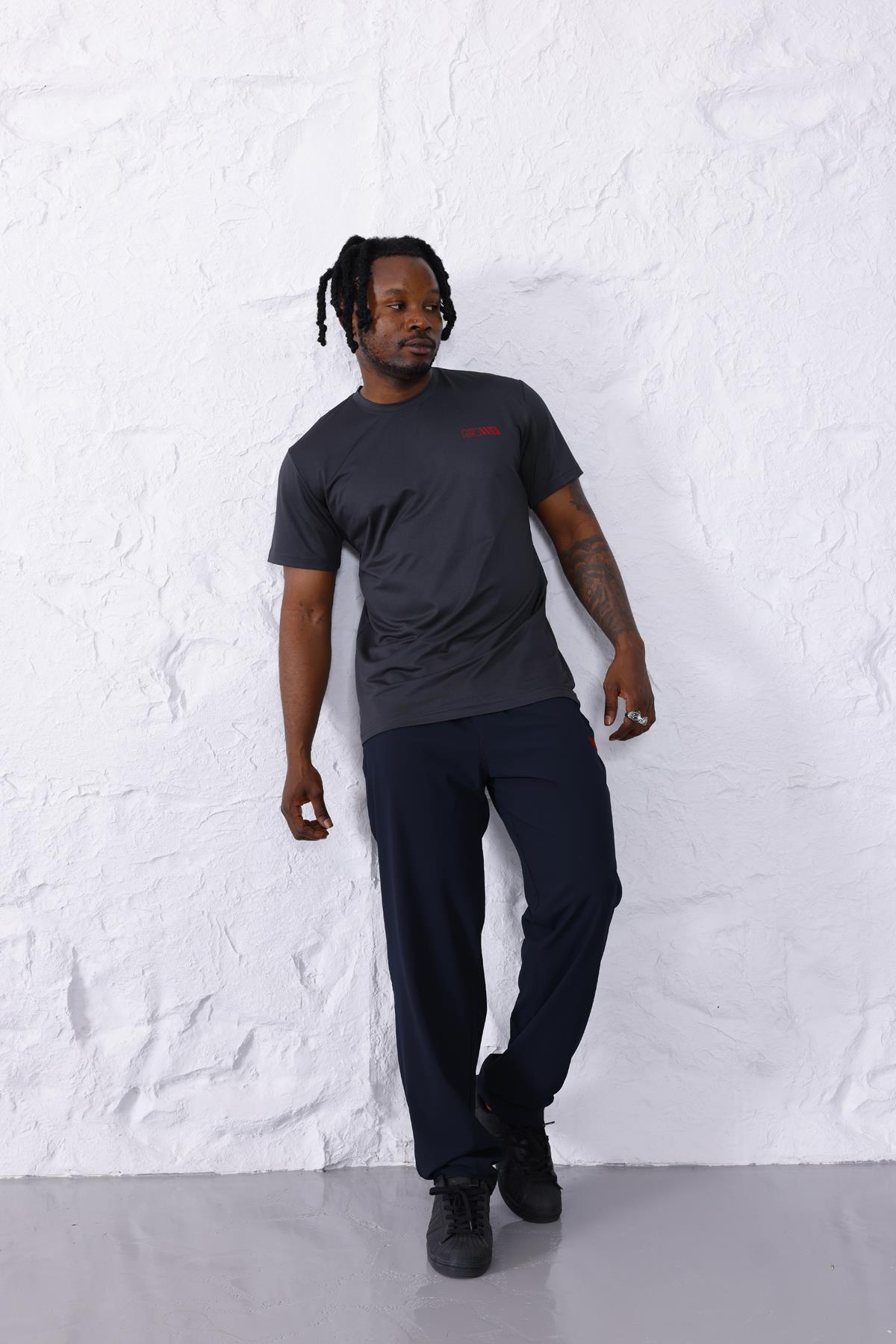 Erkek Battal Beden Antrasit Bisiklet Yaka T-shirt Alt-üst Takımı - 101