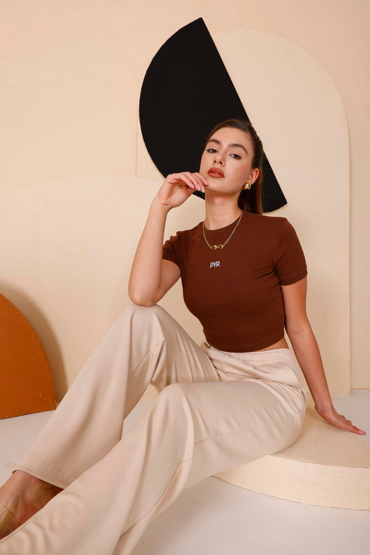 Kadın Kahverengi Bisiklet Yaka Crop T-shirt - 169