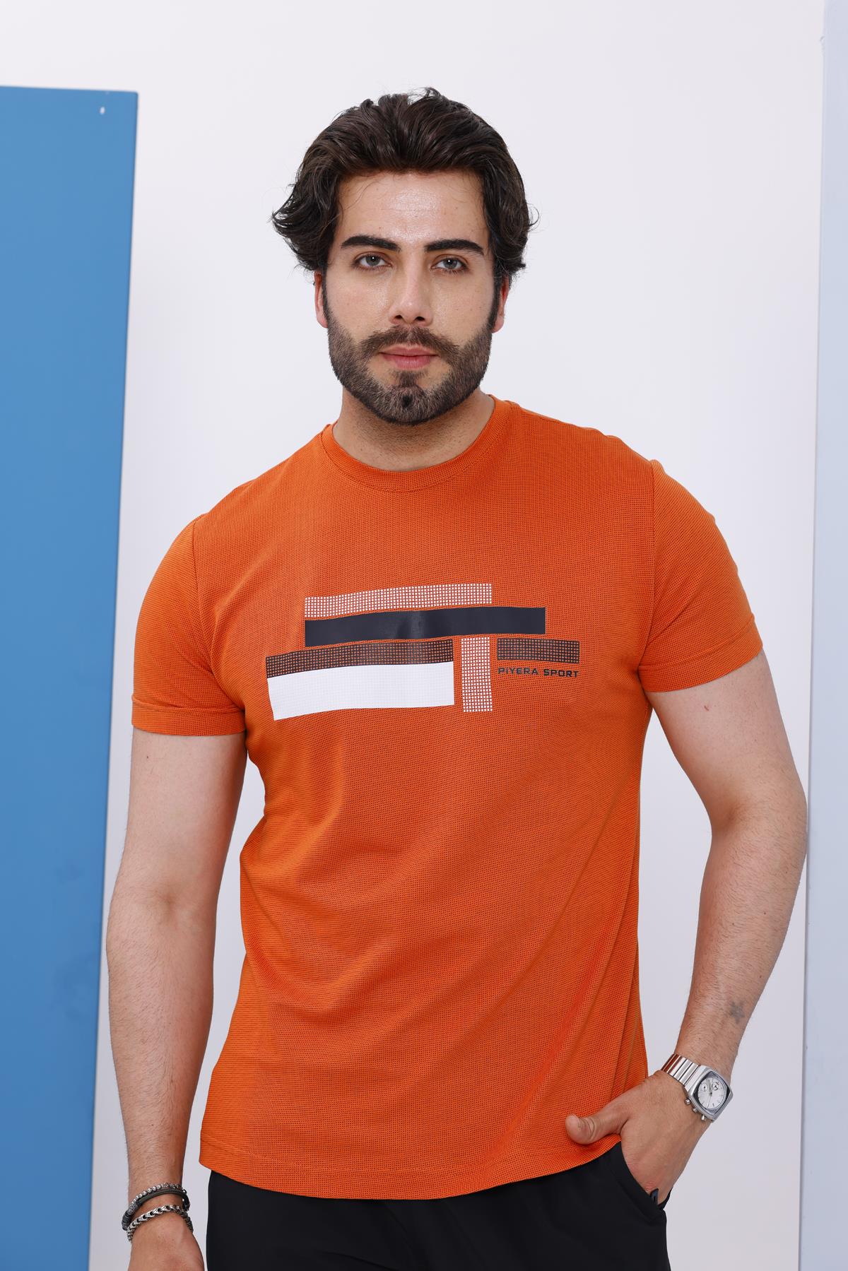 Erkek Kiremit Bisiklet Yaka Baskılı T-shirt - 170