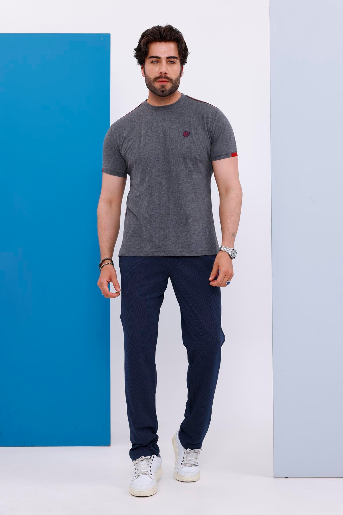 Erkek Battal Beden Gri Bisiklet Yaka T-shirt Alt-üst Takımı - 130