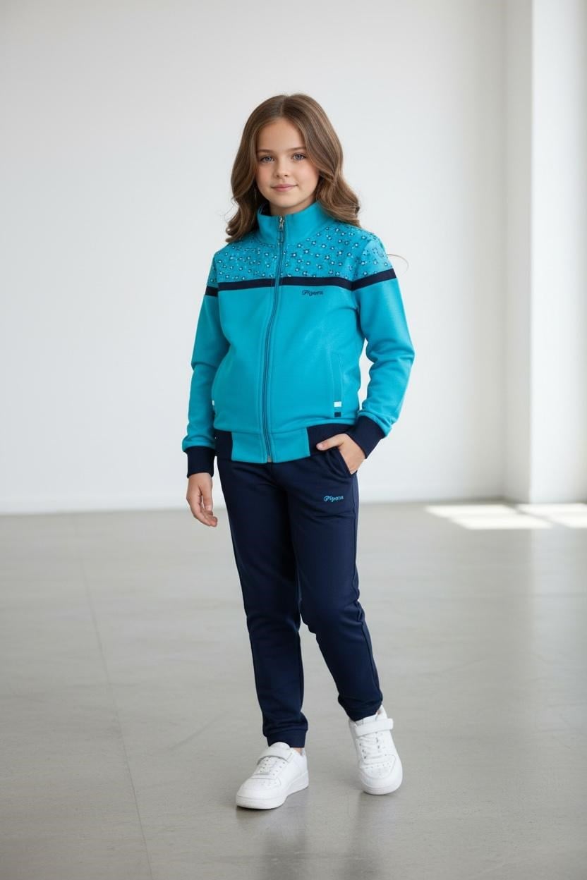 Kız Çocuk Lastikli Paça Fermuarlı Turkuaz Eşofman Takımı - 40006