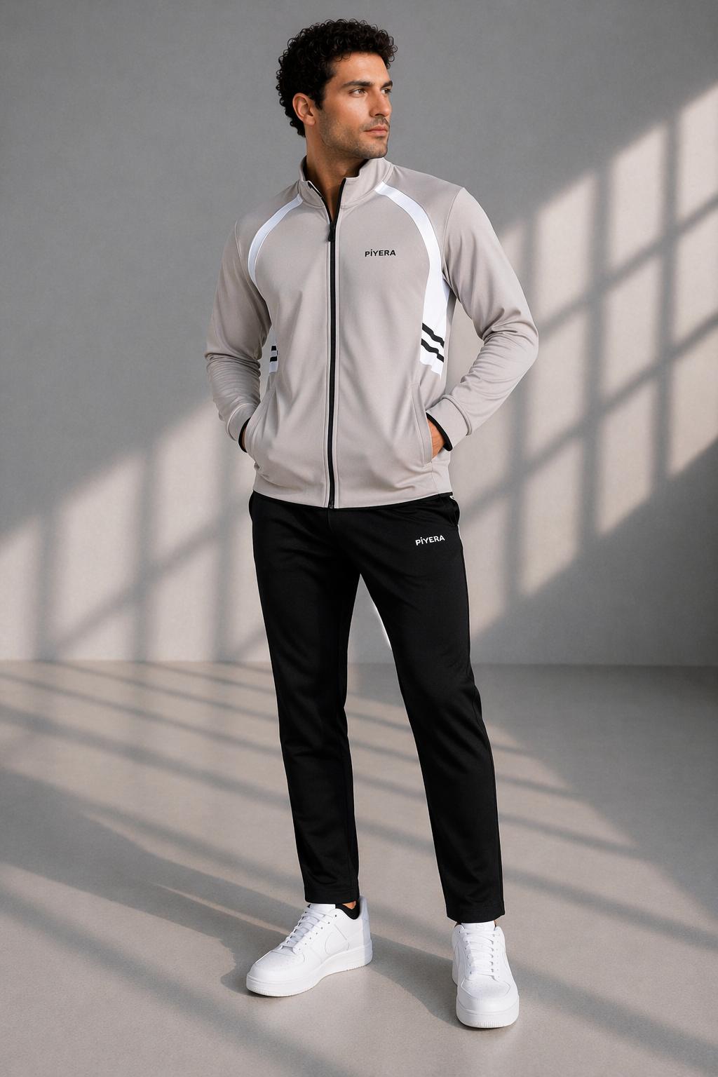 Erkek Double Face Kumaş Fermuarlı Dik Yaka Taş Beyaz Eşofman Takımı - 7942