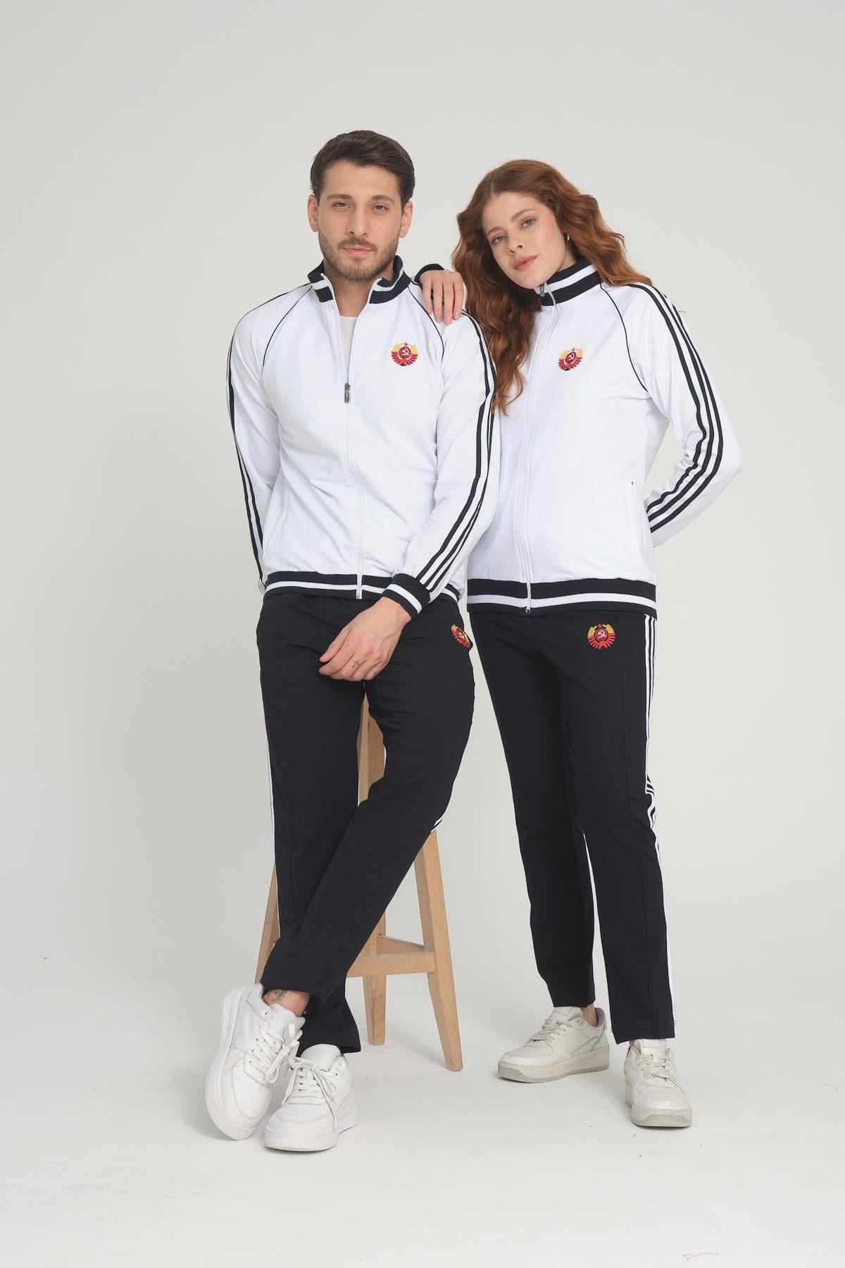 Beyaz Unisex İki İplik Fermuarlı Sevgili Çift Kombin Rahat Spor Eşofman Takımı - 2'li
